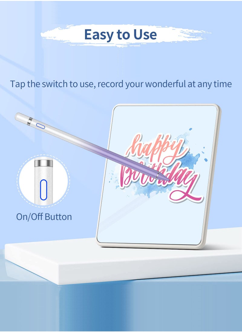 Stylus Pen for iPad, Active Stylus Pen for Touch Screens with Fine Point Tip and Magnetic Cap, Compatible with Apple iPad, iPhone, Android, Tablet and Other Capacitive Touch Screen (White Purple)