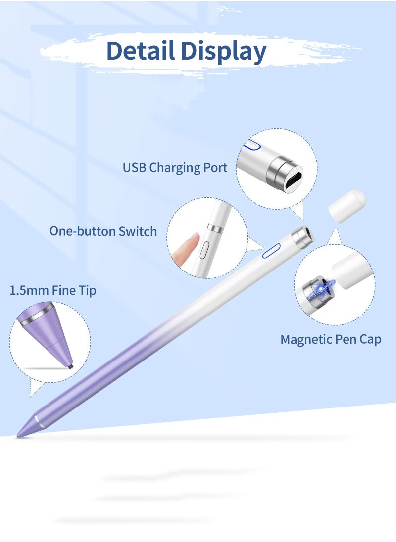 Stylus Pen for iPad, Active Stylus Pen for Touch Screens with Fine Point Tip and Magnetic Cap, Compatible with Apple iPad, iPhone, Android, Tablet and Other Capacitive Touch Screen (White Purple)