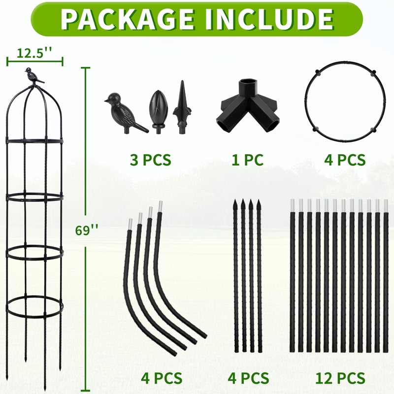 TCBWFY 6FT Garden Obelisk Trellis for Climbing Plants,Adjustable 4-Tier Metal Plant Support,Rustproof Outdoor Plant Tower with 3 Decorative Tops for Roses,Tomatoes,Clematis & Vines,Black - Image 2