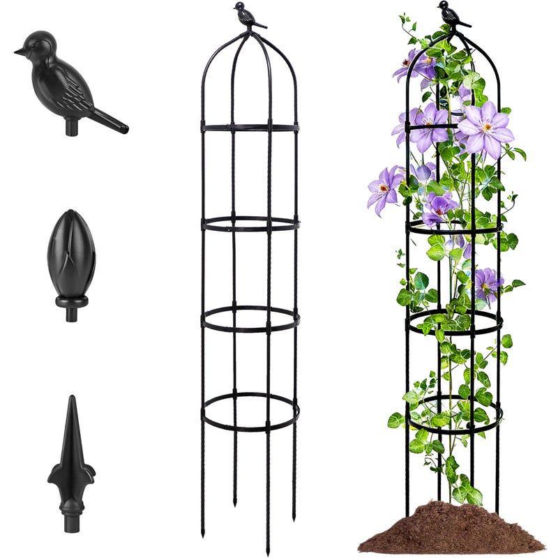 TCBWFY 6FT Garden Obelisk Trellis for Climbing Plants,Adjustable 4-Tier Metal Plant Support,Rustproof Outdoor Plant Tower with 3 Decorative Tops for Roses,Tomatoes,Clematis & Vines,Black - Image 1