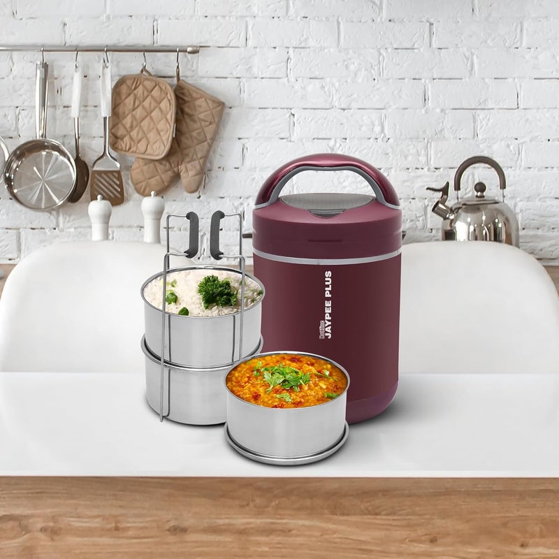 JAYPEE PLUS صندوق غداء كهربائي من جايبي بلس هوتلاين 3-320X3 مل من الفولاذ المقاوم للصدأ للرجال والنساء | تصميم مضاد للصدمات | خالي من BPA | إعادة تسخين الطعام في 30 دقيقة | حقيبة ملائمة لكابل الطاقة | ترموستات مدمج (مارون) - Image 2