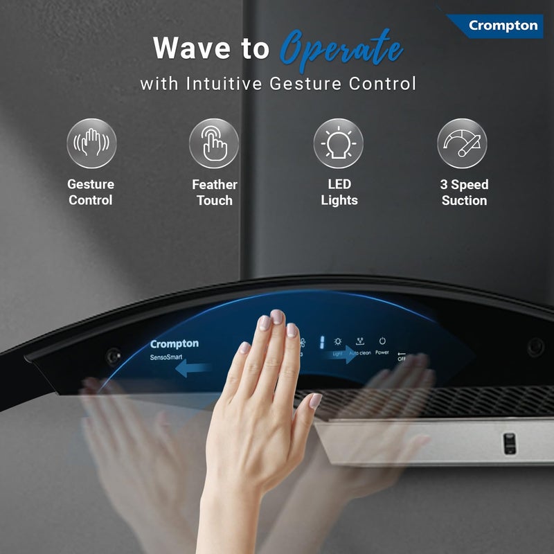 Crompton Crompton SensoSmart 90 cm Curved Glass Kitchen Chimney with 1360 mhr Suction Smart On Intelli AutoClean Silent Kitchen Chimney with Filterless Technology Black  - Image 5