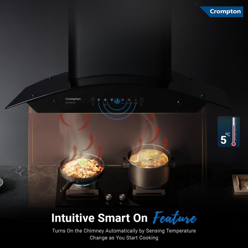 Crompton Crompton SensoSmart 90 cm Curved Glass Kitchen Chimney with 1360 mhr Suction Smart On Intelli AutoClean Silent Kitchen Chimney with Filterless Technology Black  - Image 4