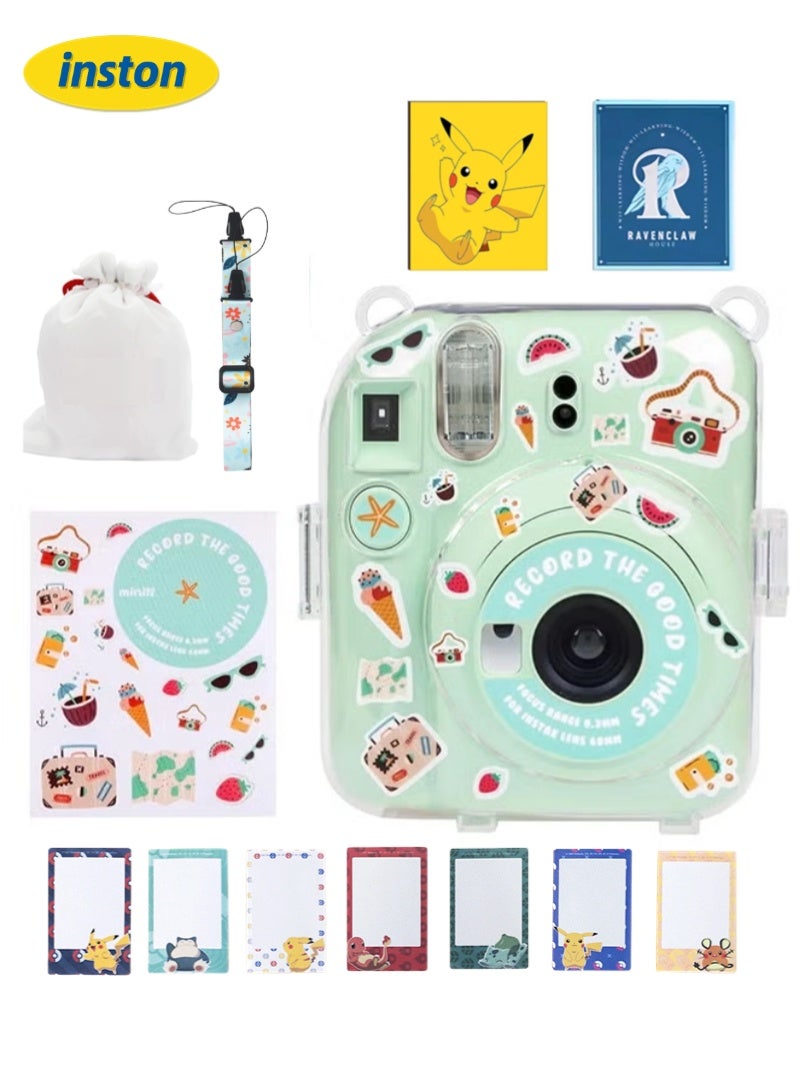 inston 7 Pack Clear Camera Case Compatible with Fujifilm Instax Mini 12 Instant Camera, with Adjustable Shoulder Strap, Camera Case Stickers, Two 3-Inch Photo Albums, One Storage Bag, 10 Sheets of Film Border Stickers, Mini 12 Hard Case with Photo Pocket on Back, Green  - Image 1