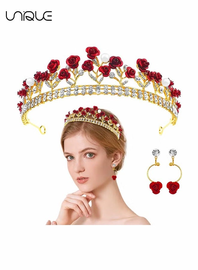 Unique 2Pcs Rose Crown & Rose Stud Earrings Set - Red Rose Tiara Bridal Wedding Queen Crown Princess Crown Pearl Crystal Gold Headband Earrings Rose Pendant Flower Jewelry Women's Girl - Image 1