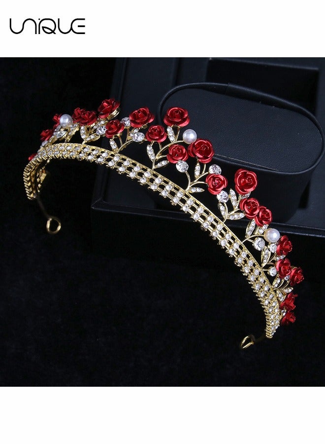 Unique 2Pcs Rose Crown & Rose Stud Earrings Set - Red Rose Tiara Bridal Wedding Queen Crown Princess Crown Pearl Crystal Gold Headband Earrings Rose Pendant Flower Jewelry Women's Girl - Image 2