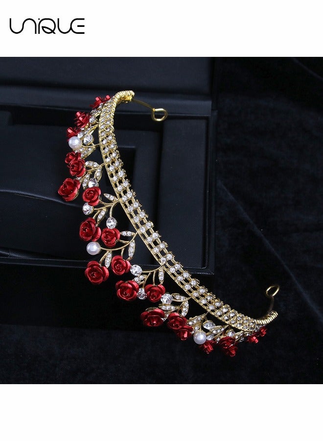 Unique 2Pcs Rose Crown & Rose Stud Earrings Set - Red Rose Tiara Bridal Wedding Queen Crown Princess Crown Pearl Crystal Gold Headband Earrings Rose Pendant Flower Jewelry Women's Girl - Image 3
