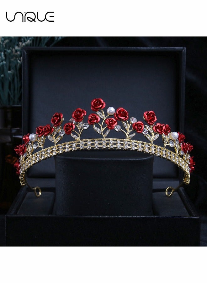 Unique 2Pcs Rose Crown & Rose Stud Earrings Set - Red Rose Tiara Bridal Wedding Queen Crown Princess Crown Pearl Crystal Gold Headband Earrings Rose Pendant Flower Jewelry Women's Girl - Image 4