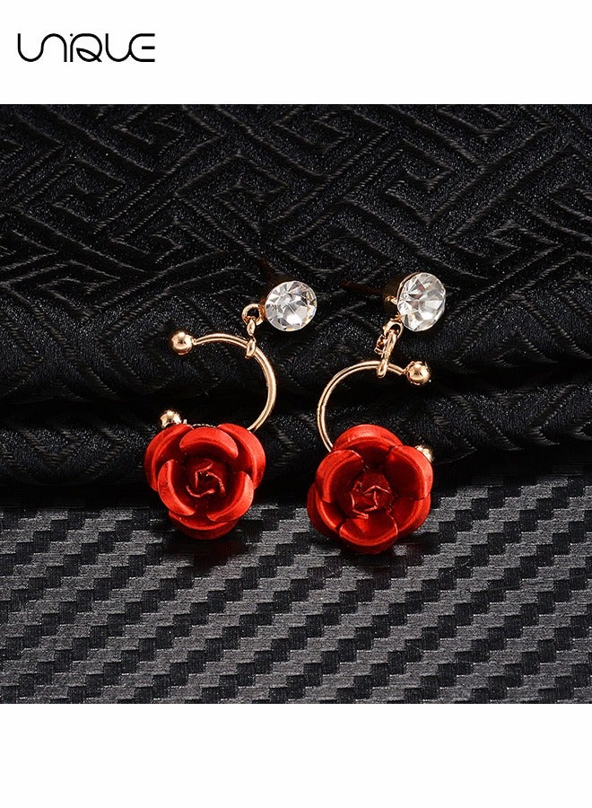Unique 2Pcs Rose Crown & Rose Stud Earrings Set - Red Rose Tiara Bridal Wedding Queen Crown Princess Crown Pearl Crystal Gold Headband Earrings Rose Pendant Flower Jewelry Women's Girl - Image 5