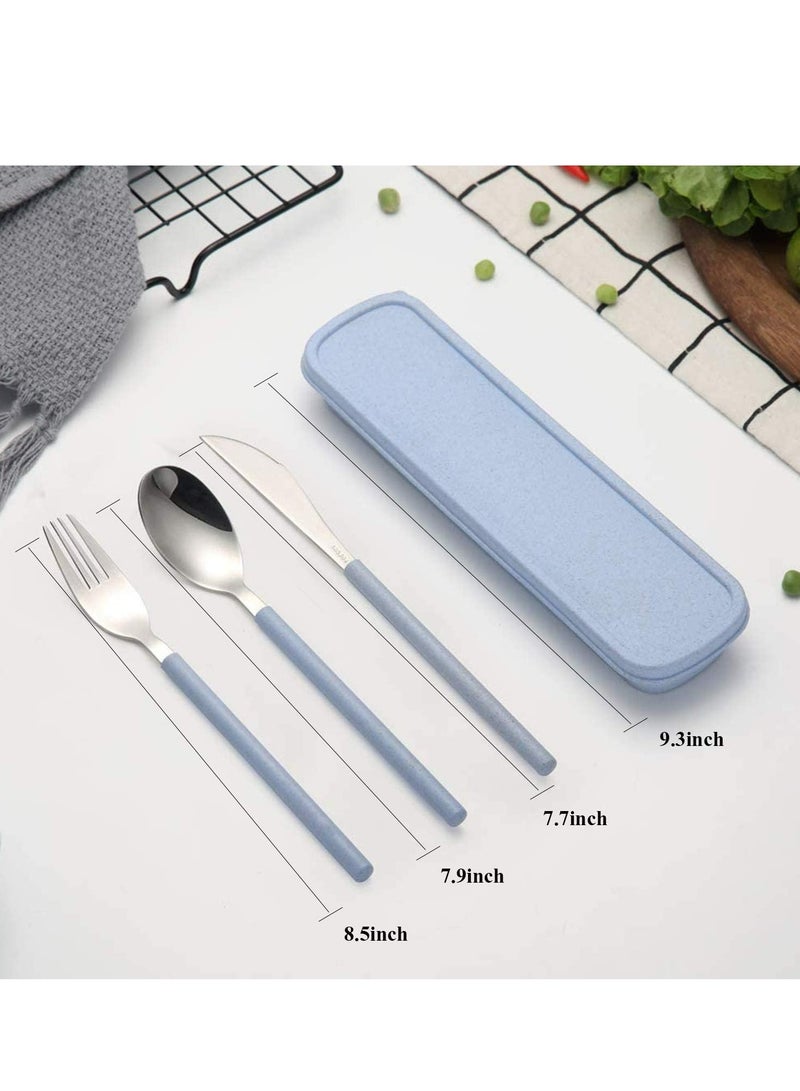 Portable 3 Piece Stainless Steel Cutlery Set with Case, Blue-Handled Fork, Spoon, Knife - Image 2