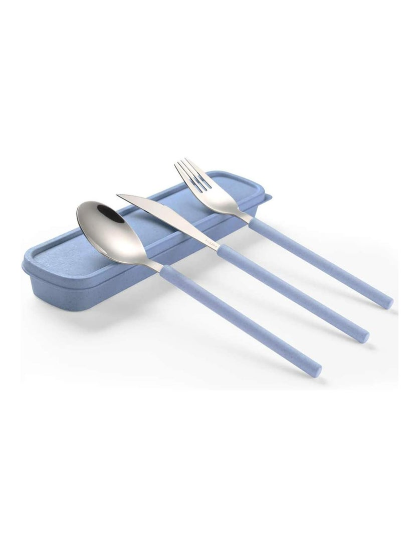 Portable 3 Piece Stainless Steel Cutlery Set with Case, Blue-Handled Fork, Spoon, Knife - Image 1