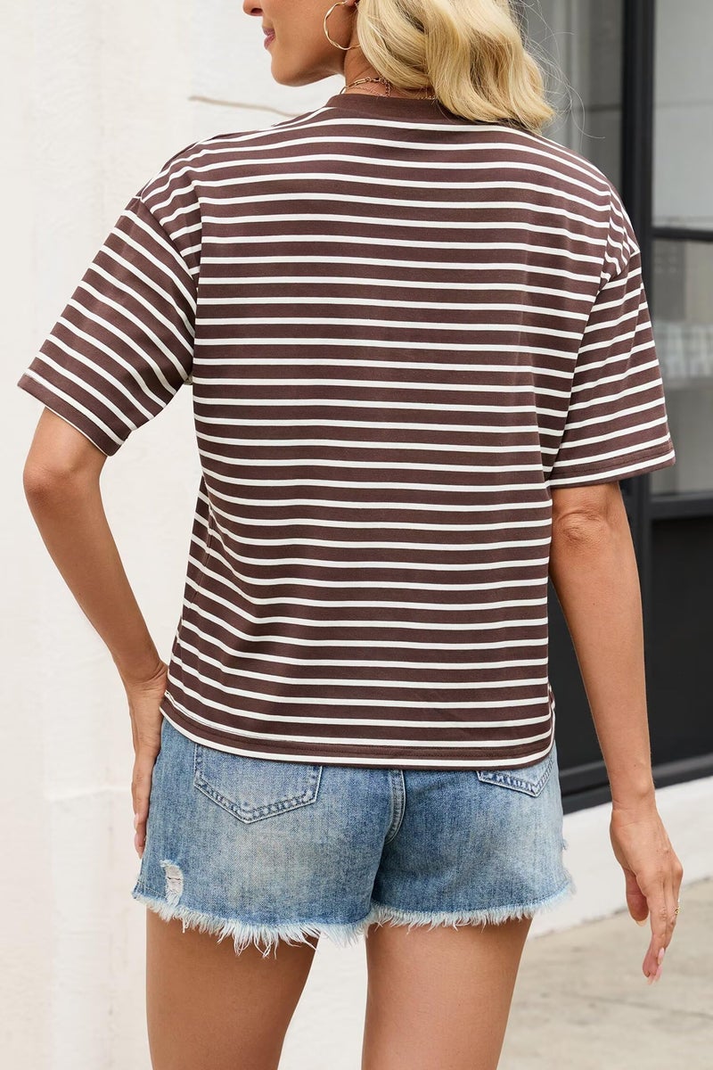 Allimy Womens Crop Tops Cute Short Sleeve Striped Cotton Loose Fit Summer Tops Blouses Outfits Casual Oversized Tshirts Shirts for Women 2026 Trendy Plain T Shirts Brown S - Image 4