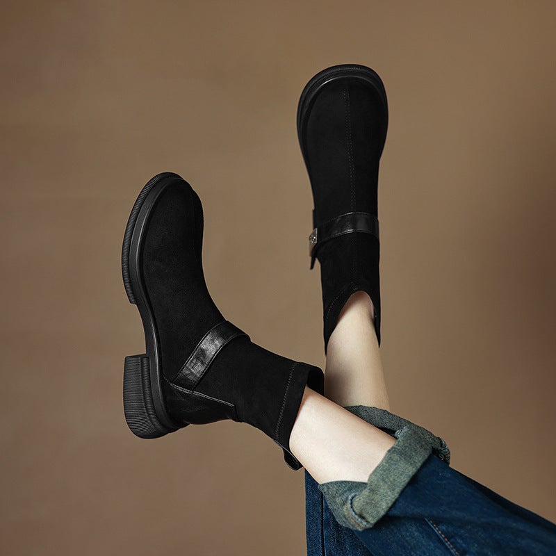 Wish British Style Square Head 2024 Mid-Heel 32-43 Suede Simple All-Match Low Boots - Image 3