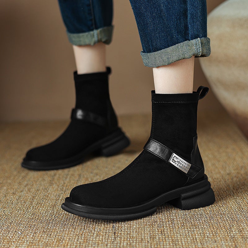 Wish British Style Square Head 2024 Mid-Heel 32-43 Suede Simple All-Match Low Boots - Image 2
