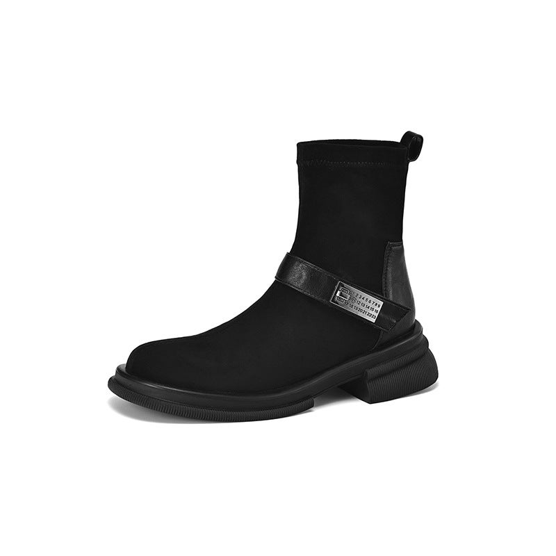 Wish British Style Square Head 2024 Mid-Heel 32-43 Suede Simple All-Match Low Boots - Image 1