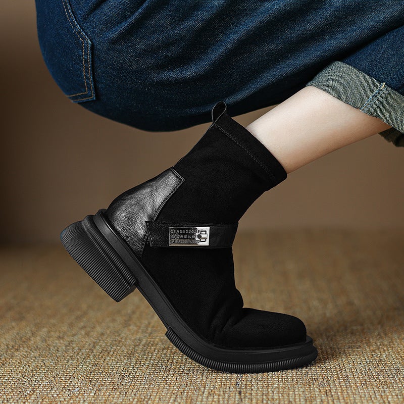 Wish British Style Square Head 2024 Mid-Heel 32-43 Suede Simple All-Match Low Boots - Image 4