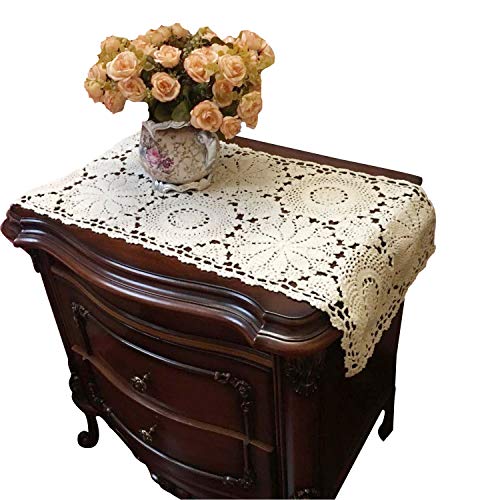USTIDE Floral Crochet Table Runner 15X27inches , 2PC Beige Cotton Table Doilies for Dressers and End Tables,Crochet Table Placemats Nightstand Runner - Image 1