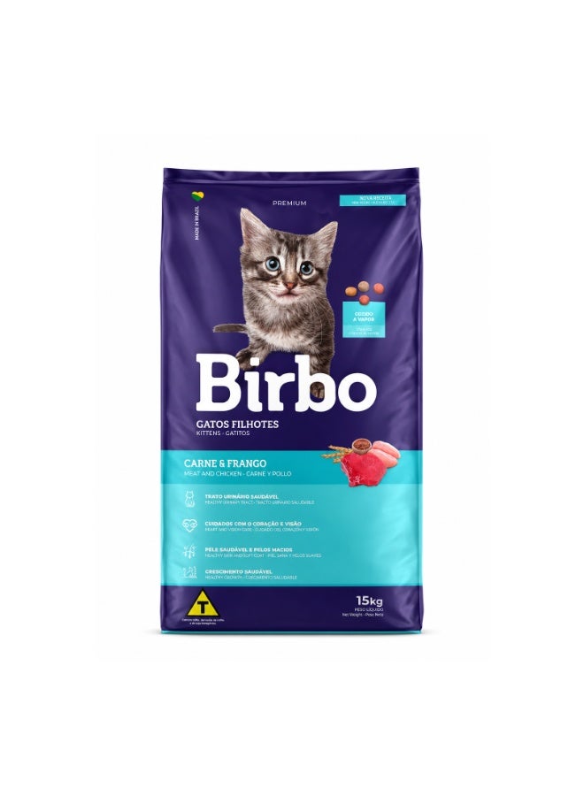 Birbo Premium Kitten Food 15kg - Brazilian Steamed Dry Food Meat & Chicken Recipe with 31% Protein for Healthy Growth, Urinary Tract, Heart, Vision & Coat Support with Taurine & Omega 3-6 for Kittens