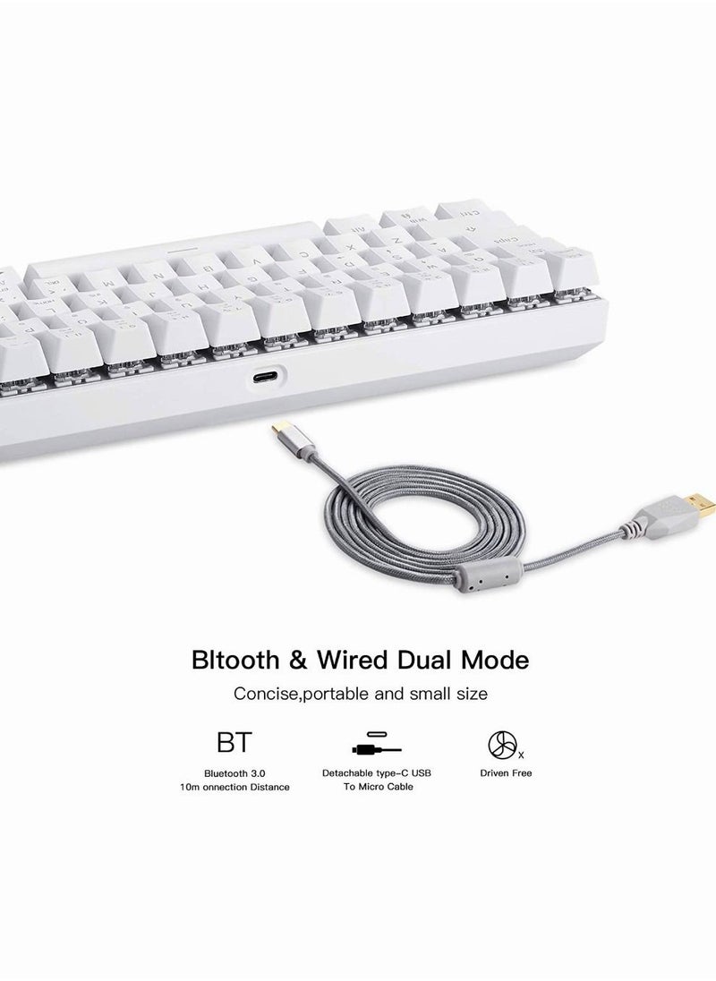 Outemu Blue Switch RGB Backlight 60% Mechanical Gaming Keyboard NKRO Anti-Ghosting Mech Keeb Bluetooth USB Type-C Wired Dual-Mode - White