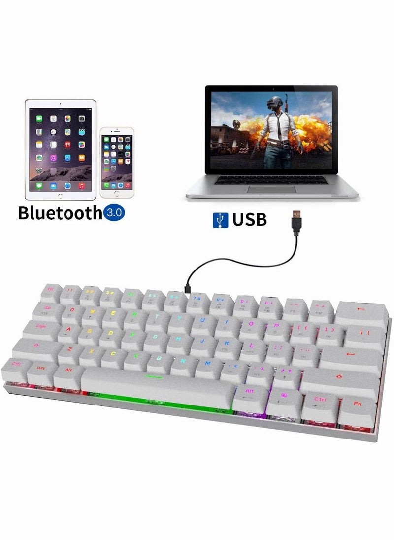 Outemu Blue Switch RGB Backlight 60% Mechanical Gaming Keyboard NKRO Anti-Ghosting Mech Keeb Bluetooth USB Type-C Wired Dual-Mode - White