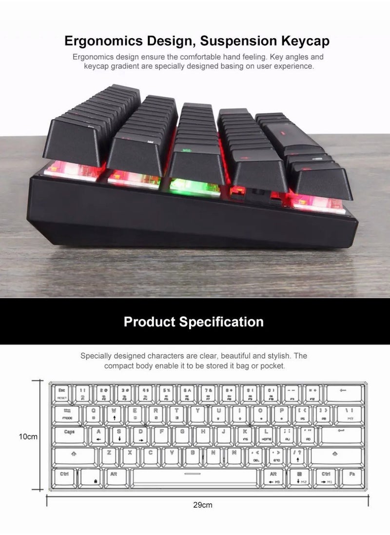Outemu Blue Switch RGB Backlight 60% Mechanical Gaming Keyboard NKRO Anti-Ghosting Mech Keeb Bluetooth USB Type-C Wired Dual-Mode - White