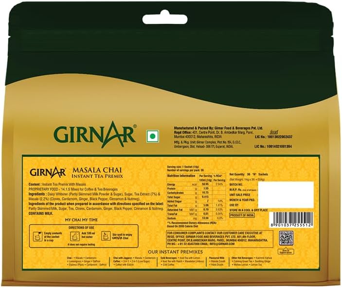 Girnar Instant Masala Chai Tea Premix - 36 Single Serve Sachets - Image 2