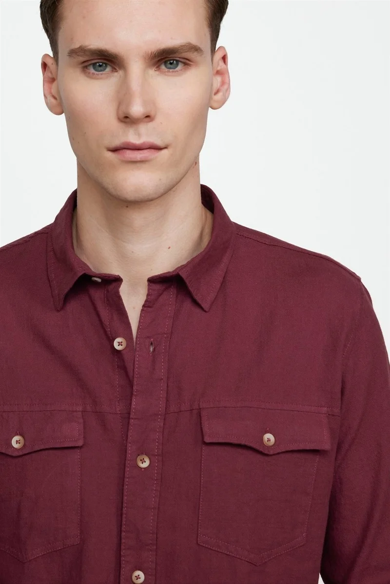 تودورس Slim Fit Long Sleeve Double Pocket Cotton Linen Sports Collar Men's Burgundy Shirt