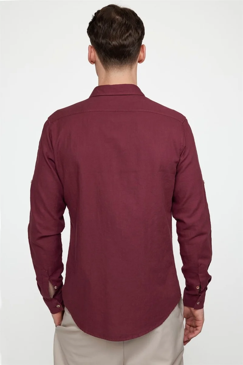 تودورس Slim Fit Long Sleeve Double Pocket Cotton Linen Sports Collar Men's Burgundy Shirt