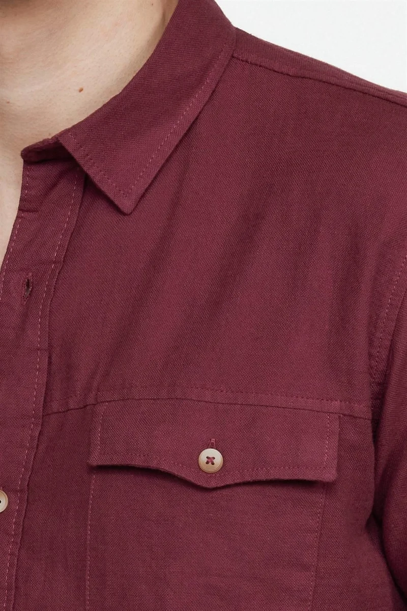 تودورس Slim Fit Long Sleeve Double Pocket Cotton Linen Sports Collar Men's Burgundy Shirt
