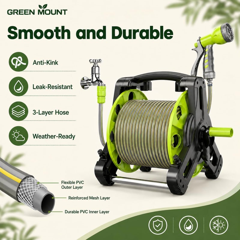 ALongDeng 30M Garden Hose Reel Set, Garden Hose Reel Kit Water Hose Holder with 8 Types Water Gun and 2M Hoses Spray Heads for Household Garden Watering Car Wash - Image 5