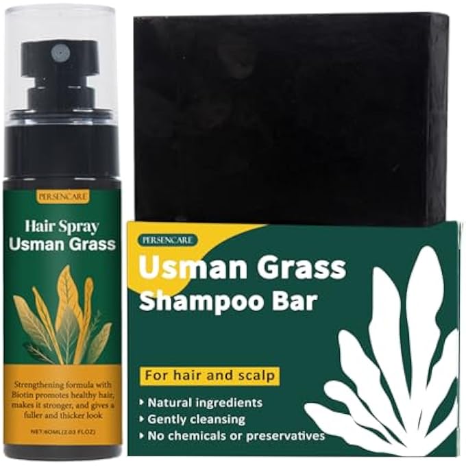 Natural Usman Shampoo Bar + Spray Set, Usma Grass Black Soap for Women and Men Gray Hair Reverse, Hair Thickening & Darkening Liquid Mist, Cover Grey Reducing Thinning Hair Loss Scalp Care Serum