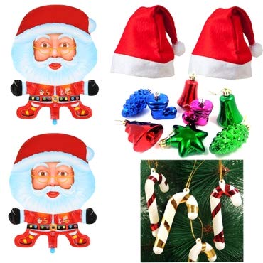 Evisha Christmas Tree Decoration 6pcs Big Size Ornaments Hangings 12 Cnady Cane 2pcs Santa Claus Caps and 2pcs Foil Balloons