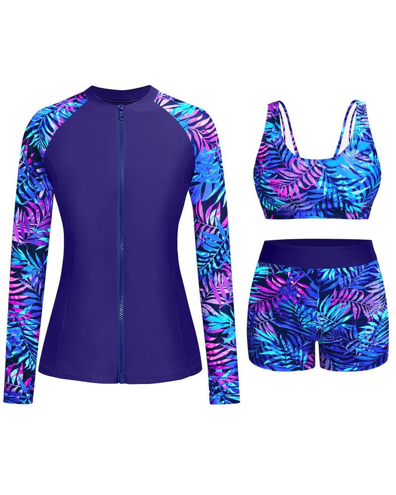 Holipick Blue and Purple Leaves Long Sleeve Swimsuits for Women - 3 Piece Rash Guard with Shorts Zipper SPF Swim Shirt with Built in Bra XL - Image 1