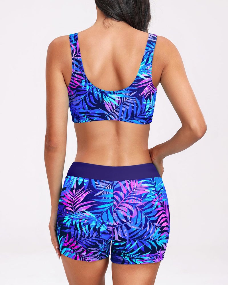 Holipick Blue and Purple Leaves Long Sleeve Swimsuits for Women - 3 Piece Rash Guard with Shorts Zipper SPF Swim Shirt with Built in Bra XL - Image 2