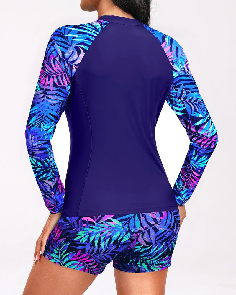 Holipick Blue and Purple Leaves Long Sleeve Swimsuits for Women - 3 Piece Rash Guard with Shorts Zipper SPF Swim Shirt with Built in Bra XL - Image 5
