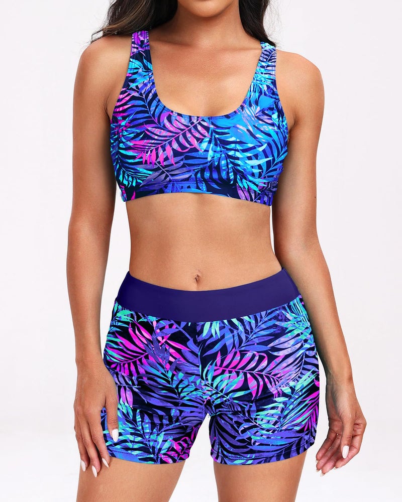 Holipick Blue and Purple Leaves Long Sleeve Swimsuits for Women - 3 Piece Rash Guard with Shorts Zipper SPF Swim Shirt with Built in Bra XL - Image 4