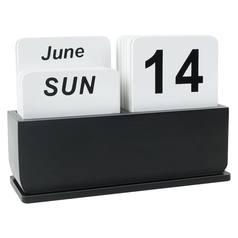 DEERINE Wooden Block Perpetual Calendar for Desk, Daily Desktop Standing Flip Calendar with Large Display, Modern Farmhouse Aesthetic Desk Accessories for Home Office Decor, Reusable Yearly, Black - Image 1