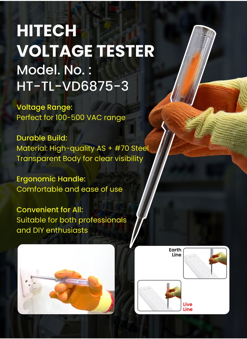 Hi-Tech Voltage Tester HT-TL-VD6875-3, 100-500 VAC Range, 190mm, Durable AS+Steel, Ergonomic Handle, Transparent Body  - Image 4