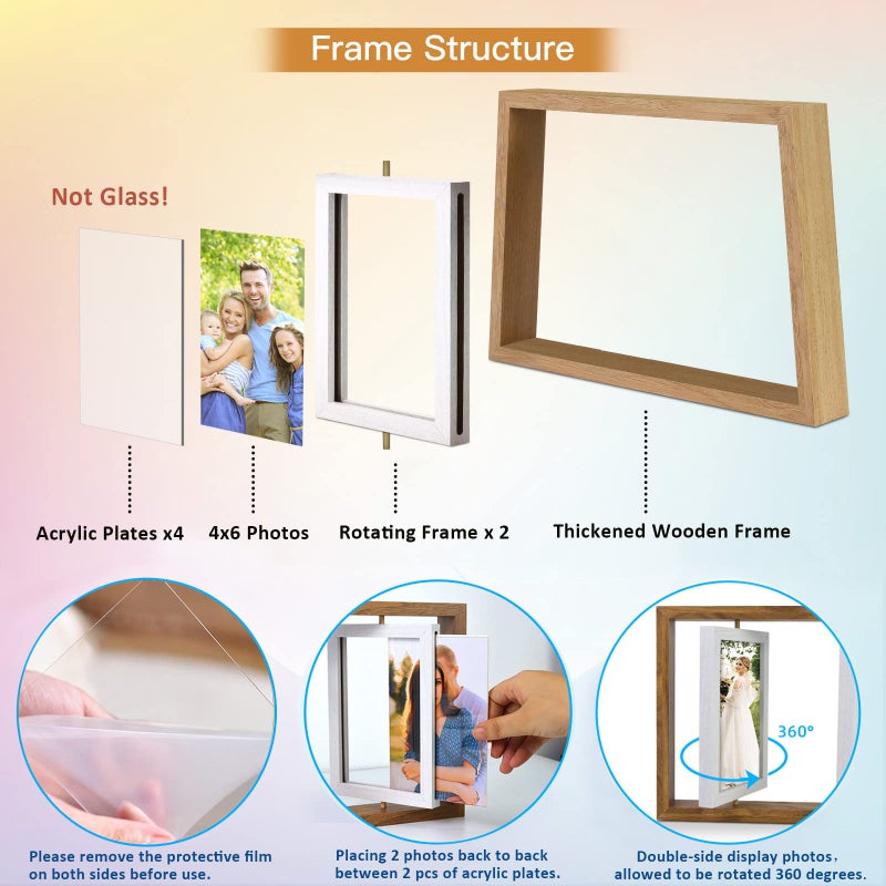 ZEEYUAN 4x6 إطارات صور مكتبية إطار صورة ريفي دوار عائم 4x6 إطار جانبي مزدوج لديكور مكتب الطاولة هدايا عيد الأم إطار صورة هدية الأم من ابنة الابن - Image 4