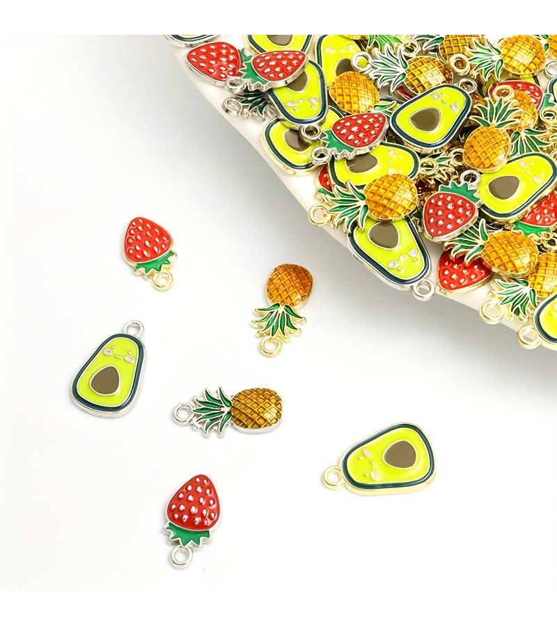 10 Pcs KC Golden Strawberry Cute Ins Style Fruit Themed Enamel Pendants Avocado Pineapple Designs Dripping Oil Effect Alloy Necklace Bracelet Earring Making Summer Accessory - Image 1