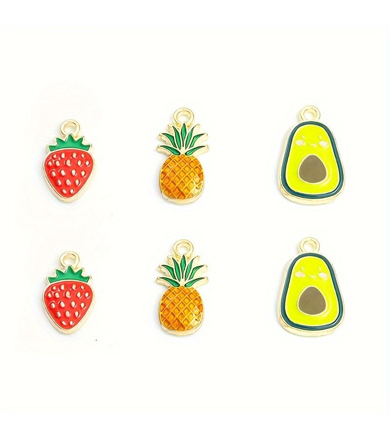 10 Pcs KC Golden Strawberry Cute Ins Style Fruit Themed Enamel Pendants Avocado Pineapple Designs Dripping Oil Effect Alloy Necklace Bracelet Earring Making Summer Accessory - Image 3