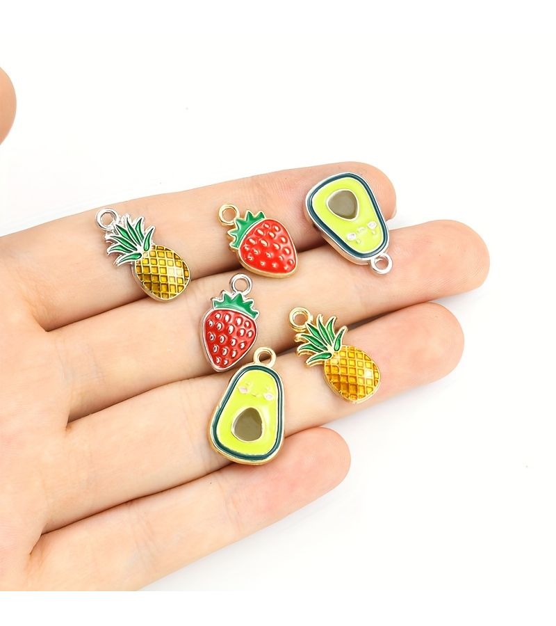 10 Pcs KC Golden Strawberry Cute Ins Style Fruit Themed Enamel Pendants Avocado Pineapple Designs Dripping Oil Effect Alloy Necklace Bracelet Earring Making Summer Accessory - Image 2
