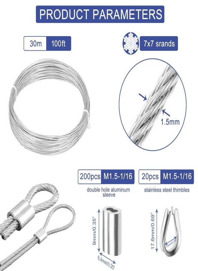 TOOGOND 100ft Wire Rope Crimping Tool Kit, Fishing Crimping Tool With 304 Stainless Steel Cable 7x7 Strand Core(1.5mm), 200Pcs 1/16''Aluminum Crimp Loop Sleeves And 20Pcs Wire Rope Stainless Steel Thimble - Image 3