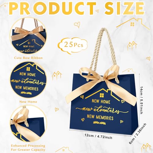Spakon 25 Pcs Small Housewarming Gift Bags New Home Wrapping Real Estate Agent Gifts Bags with Golden Ribbon Bow and Handles for Clients Friends New Adventure Sweet Present Supplies Navy Blue - Image 3