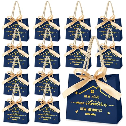 Spakon 25 Pcs Small Housewarming Gift Bags New Home Wrapping Real Estate Agent Gifts Bags with Golden Ribbon Bow and Handles for Clients Friends New Adventure Sweet Present Supplies Navy Blue - Image 1