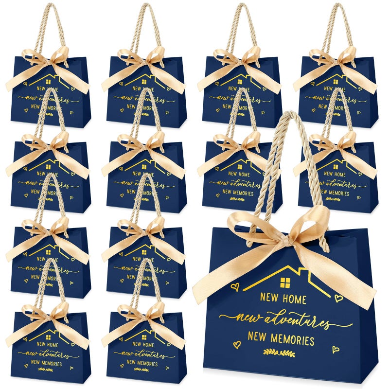 Spakon 25 Pcs Small Housewarming Gift Bags New Home Wrapping Real Estate Agent Gifts Bags with Golden Ribbon Bow and Handles for Clients Friends New Adventure Sweet Present Supplies Navy Blue - Image 2