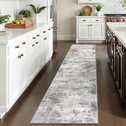 IOHOUZE Abstract Runner Rug 2x10 Ft Washable Runners for Hallways, Non Slip Kitchen Runner Printed Faux Wool Entryway Runner Indoor, Modern Abstract Floor Carpet for Hall Kitchen, Grey Beige - Image 2