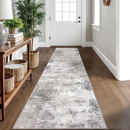 IOHOUZE Abstract Runner Rug 2x10 Ft Washable Runners for Hallways, Non Slip Kitchen Runner Printed Faux Wool Entryway Runner Indoor, Modern Abstract Floor Carpet for Hall Kitchen, Grey Beige - Image 1