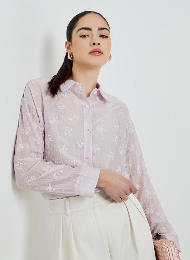 Styli Lilac Textured Floral Print Long Sleeve Shirt - Image 1