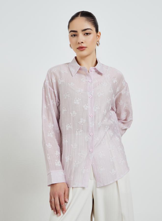 Styli Lilac Textured Floral Print Long Sleeve Shirt - Image 3